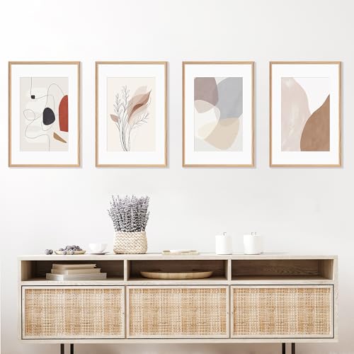 16x24 Poster Frame Set of 4 Natural Solid Oak Photo Frames with 12x18 Removable Mat Wall Hanging Large Handcrafted Frame with HD Plexiglass Wall and Tabletop Display Large Picture Frame (4 Count)