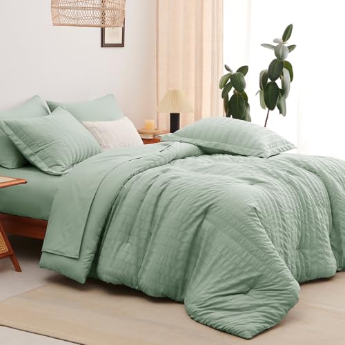 Full Size Comforter Set 7 Pieces Sage Green Seersucker Bed in a Bag