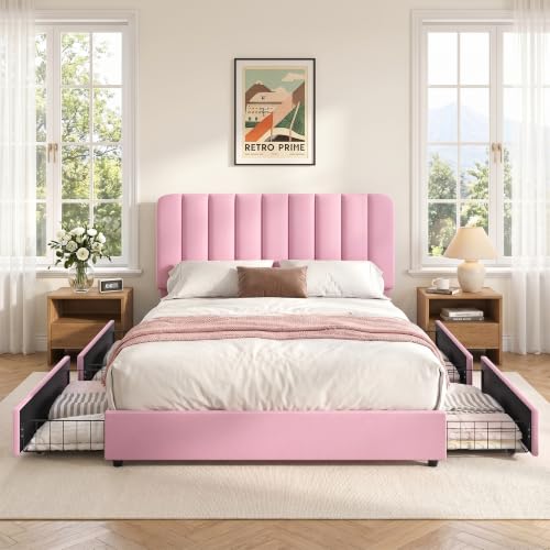 Queen Size Upholstered Bed Frame with 4 Drawers and Headboard
