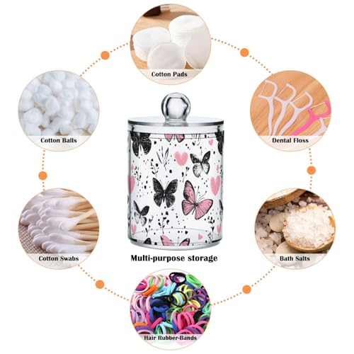 2 Pack Qtip Holder Organizer Dispenser Black Pink Butterflies Hearts Bathroom Storage Canister Cotton Ball Holder Container for Cotton Pads (2 Count)