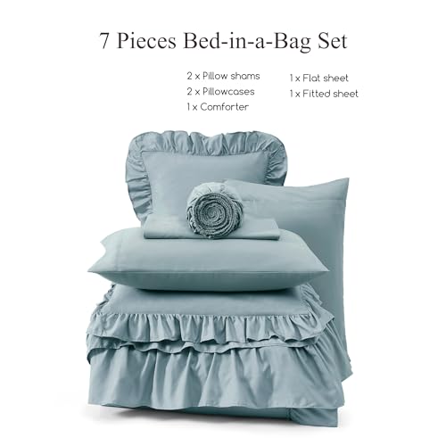King Size Comforter Set Dusty Blue Ruffle 7 Pieces Farmhouse Bed in a Bag