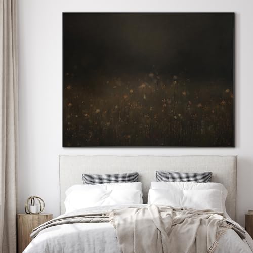 36"x46" Extra Large Framed Wall Art Dark Floral Meadow Moody Wildflower Field in Deep Earthy Tones Illustration for Home Living Room Bedroom Decor
