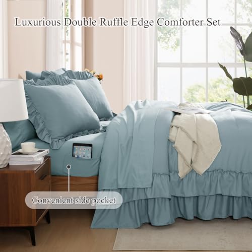 Queen Comforter Set Dusty Blue Ruffle 7 Pieces Farmhouse Bed in a Bag