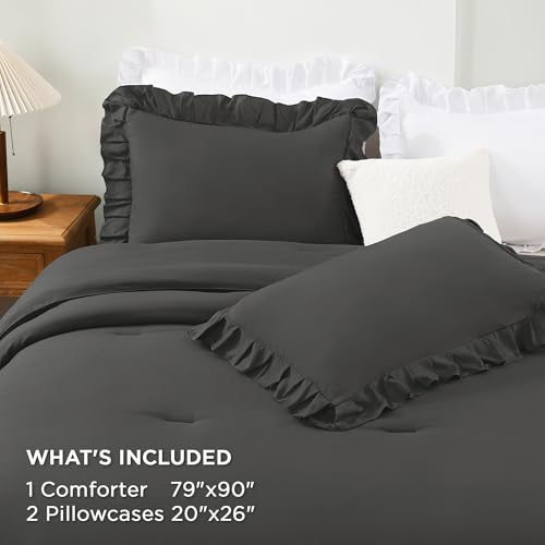 Dark Grey Ruffle Full Size Comforter Set