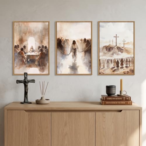 Large Jesus Neutral Framed Canvas Wall Art Set
