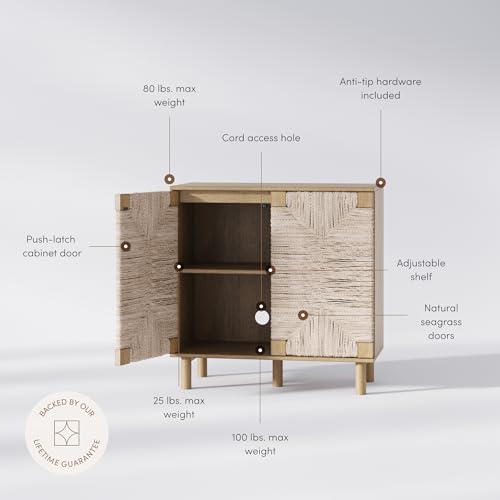 Beacon Accent Natural Sideboard Storage Cabinet in Light Wood with Adjustable Interior Shelf and Seagrass Doors