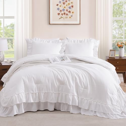 King Size Comforter Set White Ruffle 7 Pieces Farmhouse Bed in a Bag