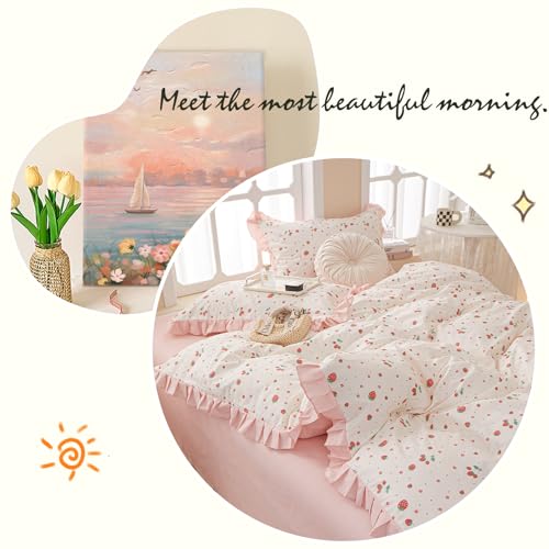 Kawaii Strawberry Comforter Set Twin XL Cute Ruffle Comforter with 2 Pillowcases White Fluffy Microfiber Kids Girls Bedding Comforter Strawberry Printed Ruffled Comforter Set Twin XL for All Seasons