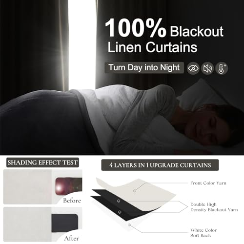 Short Linen Blackout Curtains for Bay Windows 48 Inch Length Bedroom