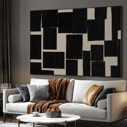 36"x46" Extra Large Framed Wall Art Modern Abstract Black and Beige Geometric Blocks for Home Living Room Bedroom Decor