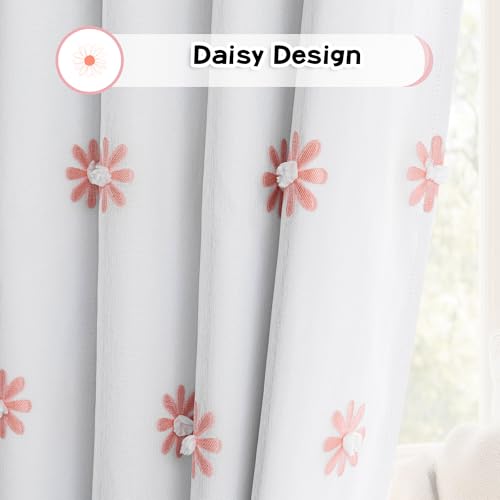 Blackout Curtains for Girls Bedroom 63 Inch Long Pink Floral Curtains for Kids Room 2 Panels 100% Room Darkening Daisy Flower Window Treatment 2 Layered Drapes Toddler Grommet 50W x 63L (2 Count)