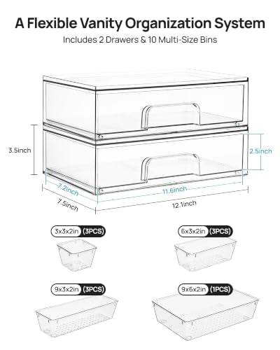 12 Pack Clear Makeup Organizer Set with Drawer Organizer Bins (12 Count)