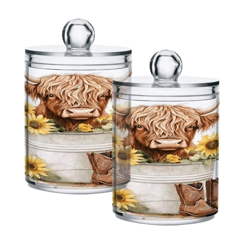 2 Pack Qtip Holder Organizer Dispenser Watercolor Sunflower Highland Cow Bathroom Storage Canister Cotton Ball Holder Container for Cotton Pads (2 Count)