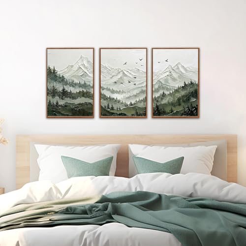 KAlRNE Mountain Landscape Forest Framed large Wall Art Set (3 Count)