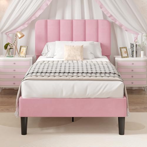 Twin Size Bed Frame with Upholstered Headboard