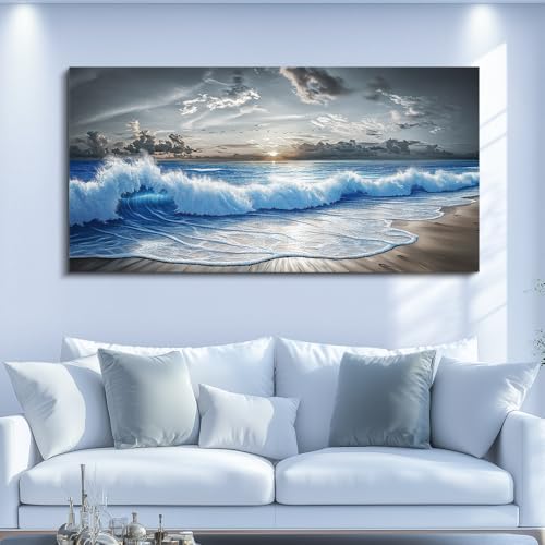 Large Canvas Printed Artworks Mural Wall Decor For Living Room Wall Art For Bedroom Office Decor Black White And Blue Ocean Wave Landscape Painting Modern Home Decor Ready To Hang 30"X60"