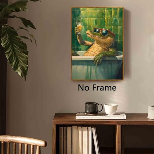 Crocodile Bathroom Canvas Funky Animal Posters Vintage Green Picture Wild Animals Painting Aesthetic Cocktail Picture Funny Bathroom Animals Prints Living Room Decor 16x24inch No Frame