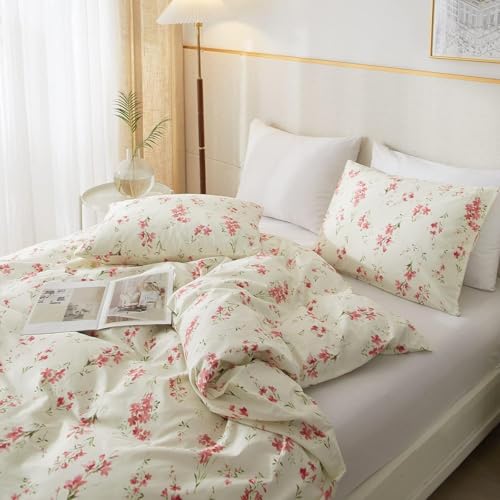Vintage Garden Style Pink Floral Comforter Set Full Chic Boho Floral Bedding Comforter Fluffy Soft Aesthetic Flowers Botanical Comforter with 2 Pillowcases Girls Women Cottagecore Comforter Set