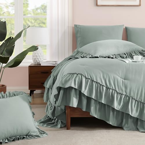 King Size Comforter Set Sage Green Ruffle 7 Pieces Farmhouse Bed in a Bag