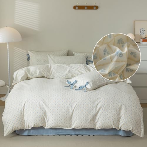 Blue Floral Comforter Set Twin XL Cute Flower Comforter Set Cottagecore Botanical Bedding Comforter Twin XL for Teens Girls Aesthetic White Blue Grid Comforter with 2 Bow Ties Pillowcases