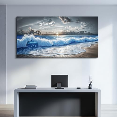 Large Canvas Printed Artworks Mural Wall Decor For Living Room Wall Art For Bedroom Office Decor Black White And Blue Ocean Wave Landscape Painting Modern Home Decor Ready To Hang 30"X60"