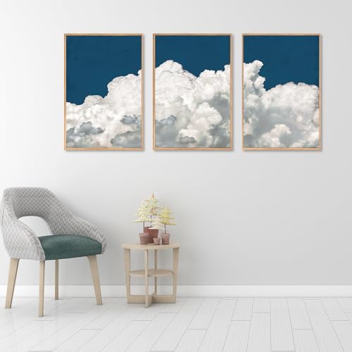 Large White Clouds Framed Canvas Wall Art Set Abstract Navy Blue Sky Natural Wall Decor Minimalist Modern Painting Artwork for Livingroom