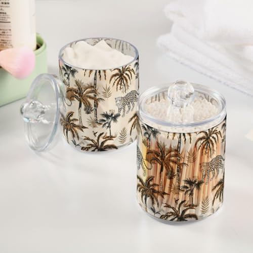 2 Pack Qtip Holder Organizer Dispenser Leopard Palm Trees Bathroom Storage Canister Cotton Ball Holder Container for Cotton Pads (2 Count)