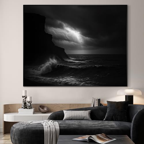 36"x46" Extra Large Framed Wall Art Dramatic Black and White Ocean Waves with Cliff and Stormy Sky for Home Living Room Bedroom Decor
