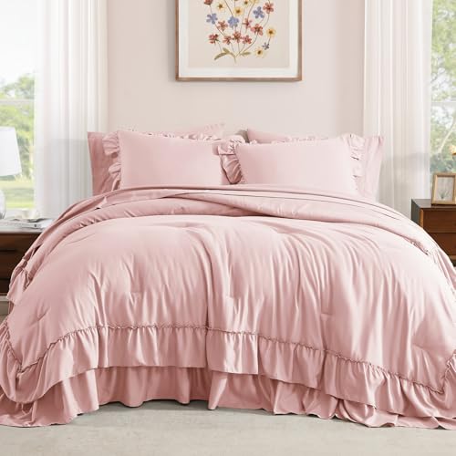 Queen Comforter Set Soft Pink Ruffle 7 Pieces Farmhouse Bed in a Bag