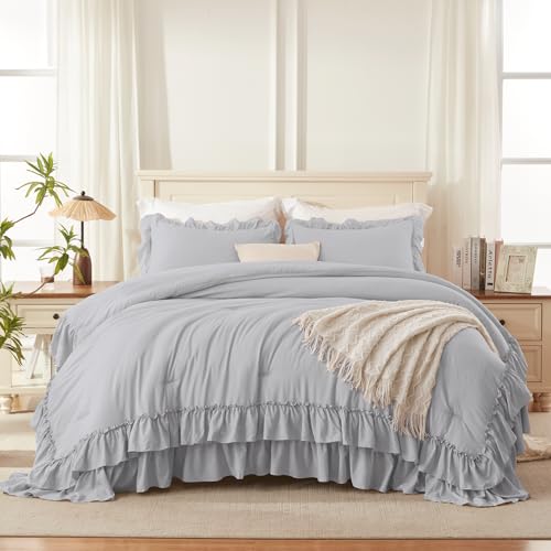 Silver Gray Ruffle Comforter Set King