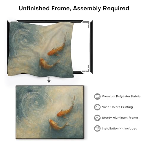 46"x60" Extra Large Framed Wall Art Koi Fish Swirl Tranquil Water Illustration for Home Living Room Bedroom Decor