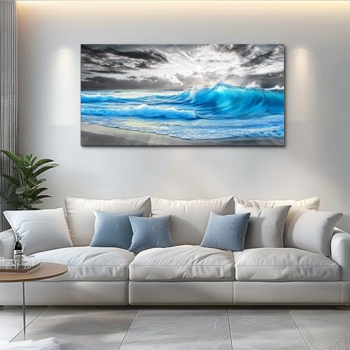 Beach Wall Pictures Canvas Artworks Wall Decor For Living Room Canvas Wall Art For Bedroom Restaurant Office Decorations Blue Sea Wave Ocean Paintings Home Decor Ready To Hang 24x48 In