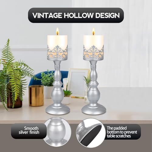 Candle Holders for Pillar Candles Gothic Matte Pearl Silver Tall Candle Holders Set of 2 Decorative Large Table Centerpieces Candle Stand Decor (2 Count)