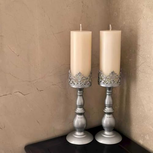 Candle Holders for Pillar Candles Gothic Matte Pearl Silver Tall Candle Holders Set of 2 Decorative Large Table Centerpieces Candle Stand Decor (2 Count)