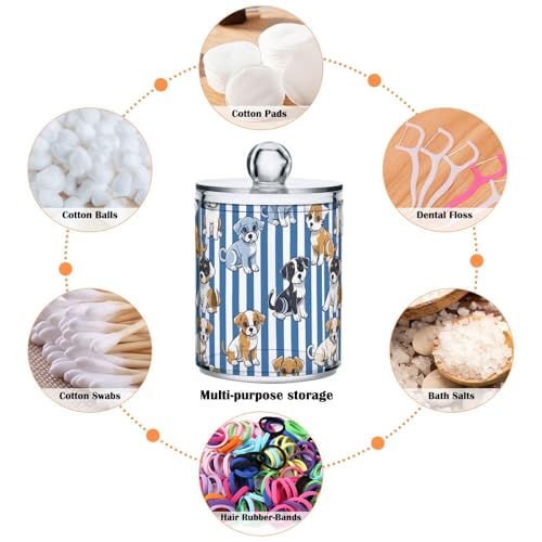 2 Pack Qtip Holder Organizer Dispenser Cute Puppies Blue White Stripes Bathroom Storage Canister Cotton Ball Holder Container for Cotton Pads (2 Count)