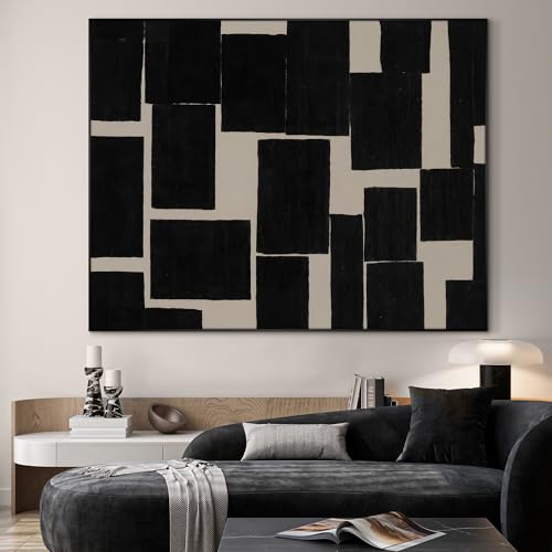 60"x72" Extra Large Framed Wall Art Modern Abstract Black and Beige Geometric Blocks for Home Living Room Bedroom Decor