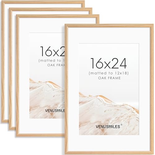 16x24 Poster Frame Set of 4 Natural Solid Oak Photo Frames with 12x18 Removable Mat Wall Hanging Large Handcrafted Frame with HD Plexiglass Wall and Tabletop Display Large Picture Frame (4 Count)