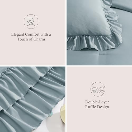 King Size Comforter Set Dusty Blue Ruffle 7 Pieces Farmhouse Bed in a Bag