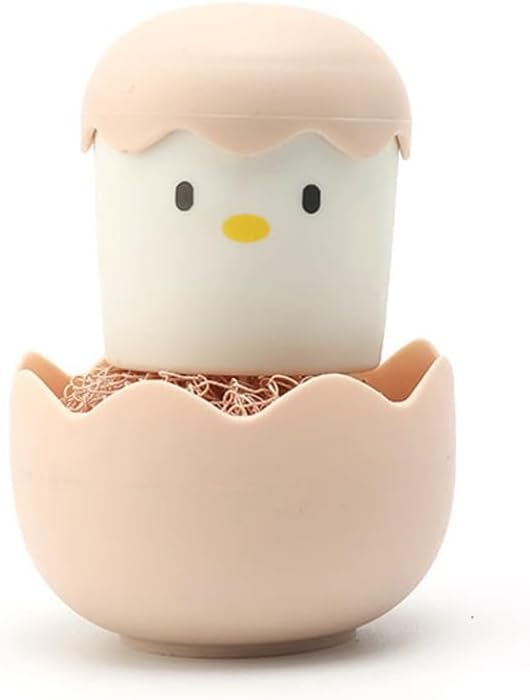 Cleaning Brush with Eggshell Chicken Themed Design and ForNano Fiber Cleaning Ball for Dishwashing and Pot Scrubbing with Ergonomic Handle and Compact Storage (2pcs-Pink)
