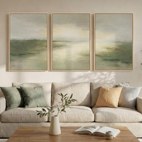 Large Framed Sage Green Abstract Landscape Wall Art for Living Room (3 Count)