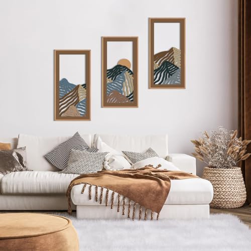 Abstract Mountain Wood Framed Wall Art 8x16 Inch Set of 3 Textured Minimalist Landscape Wooden Wall Decor Modern Colorful Line Artwork for Living room Bedroom Office