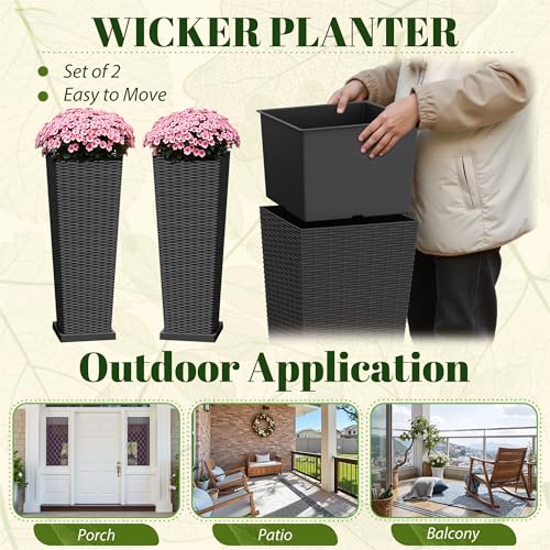 32" Front Porch Resin Rattan Tall Planters 2 Pack (2 Count)