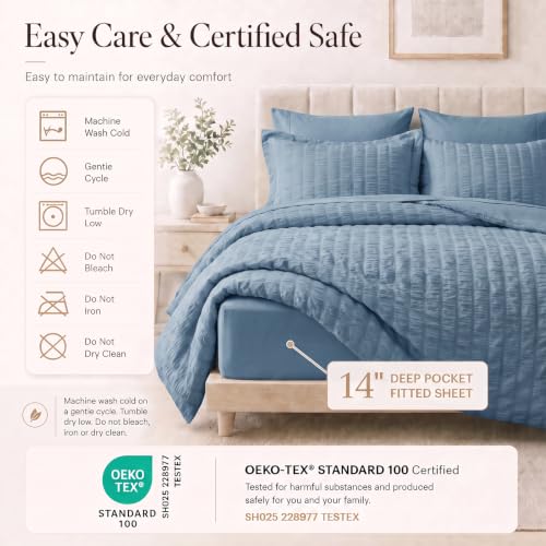 Twin XL Comforter Set 5 Pieces Grayish Blue Seersucker Bed in a Bag