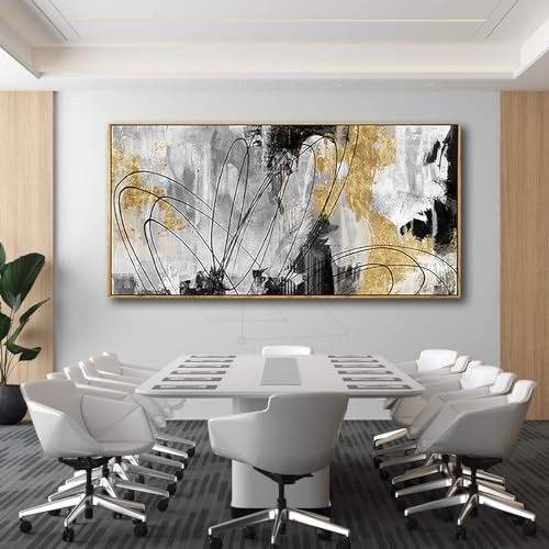 Large Canvas Wall Art Gold Abstract Paintings 29x58 Inch Wooden Framed Artwork Black Line Painting for Bedroom Bathroom Home Decor