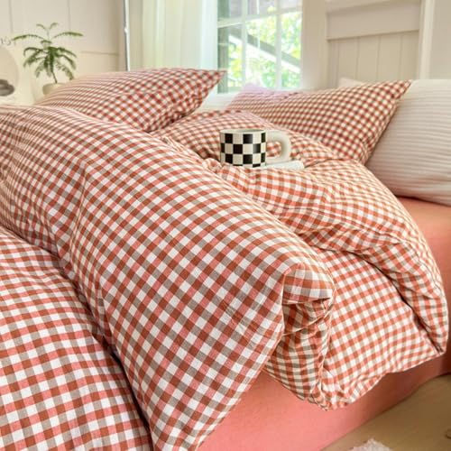 Gingham Comforter Set King Vintage Plaid Checkered Pattern Comforter Lightweight Soft Gingham Bedding Red Orange Grid Comforter with 2 Pillowcases Farmhouse Checkered Comforter Set