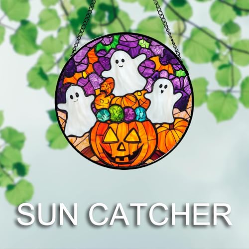 Stained Glass Window Hanging Halloween Horror Pumpkin White Ghost 6.3"