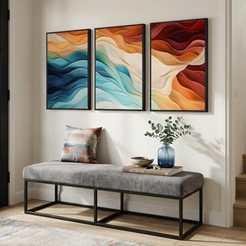 Large Framed Blue Orange Abstract Wall Art for Living Room (3 Count)