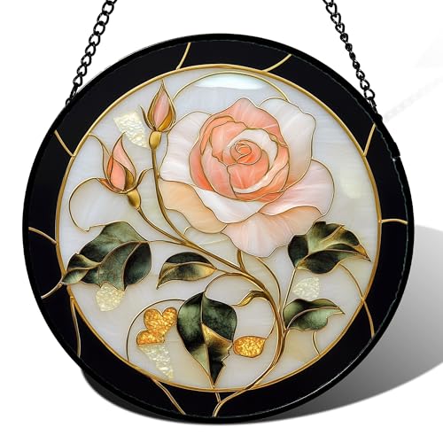 Pink Rose Stained Glass Window Hanging Suncatcher Gifts for Women 6.3"