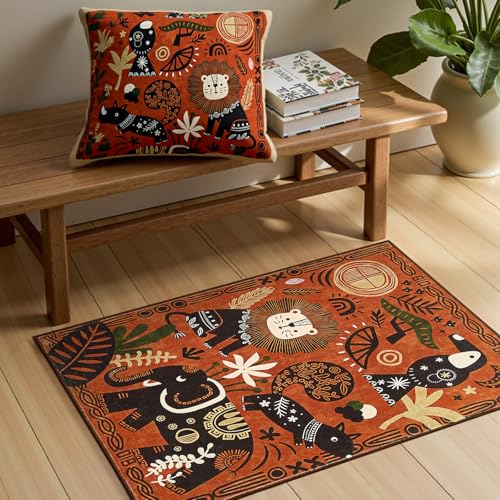 2x3 Cute Area Rug Kids Washable Fun Rug Terracotta Boho Jungle Mat (6 Sq Ft)