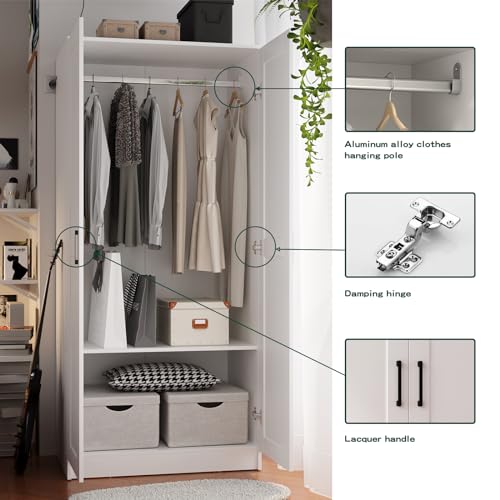 Wood White Wardrobe Closet with 2 Doors and 2 Drawers